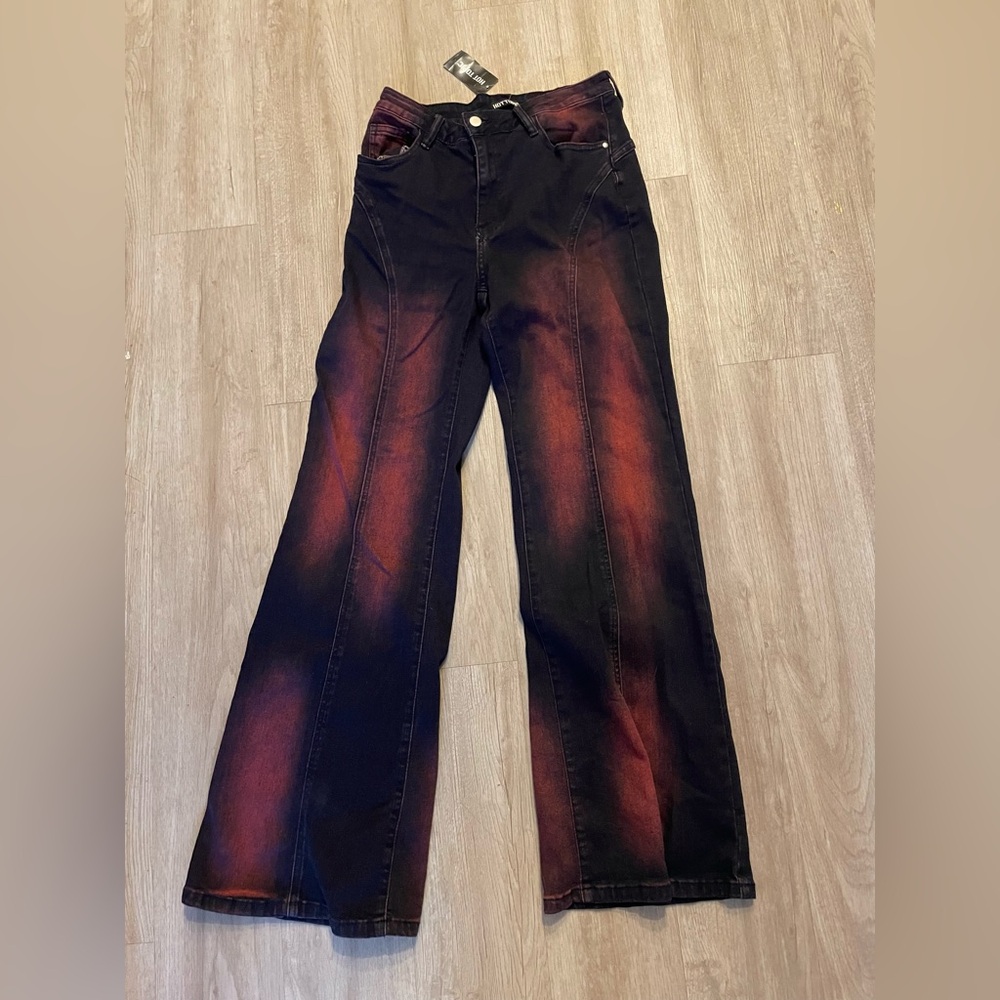 Hot Topic Black and Red Tie-Dye Wide-Leg Jeans